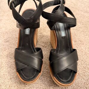 Prada Black Leather Wedge Sandals